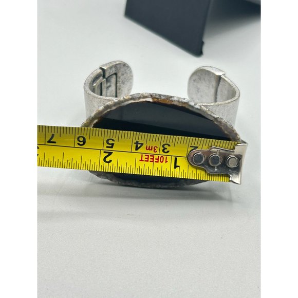 Unusual Black Stone Slab Cuff Bracelet Silver Tone Hinged Side Statement Cuff - Picture 9 of 11